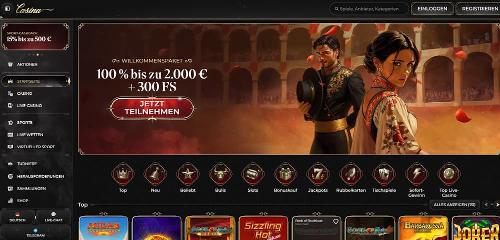 Casina Casino-Startseite mit einem Banner im Stil einer spanischen Arena mit einem Mann und einer Frau in traditioneller Kleidung, der einen 100 % Willkommensbonus bis zu 2.000 € und 300 Freispiele bietet. Die dunkle Oberfläche enthält Navigation für Casino, Live-Casino, Sportwetten, Turniere und Spielautomaten wie Book of Ra und Midas Golden Touch.