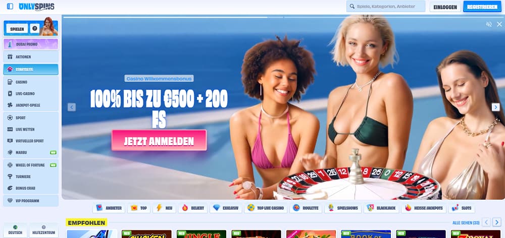 Onlyspins Casino-Startseite mit einem luxuriösen Pool-Banner mit drei Frauen am Roulette-Tisch, der einen 100 % Willkommensbonus bis zu 500 € und 200 Freispiele bewirbt. Die Oberfläche bietet Navigation für Casino, Live-Spiele, Jackpots, Sportwetten und empfohlene Slots wie Book of Dead und Gold Saloon Red Baron.